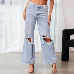 Women's Jeans Fashion For Women Button High Waist Pocket Elastic Hole Trousers Slim Fit Pants Womens Jean Overalls