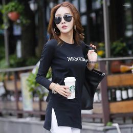 Women's T Shirts 2024 Long Shirt Women Cotton Full Sleeves T-shirt Spring Round Neck Casual Tshirt Cute Letters Print Female Tunic Tops