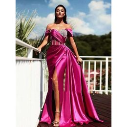 Sexy Dresses Evening Side Corset Shoulder Off Gorgeous Split Fuchsia Satin Long Prom Crystals Beaded Women Celebrity Party Dress