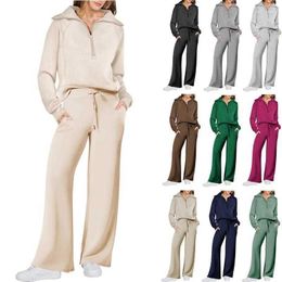 New designer Womens Two Piece Pants Outfits Sweatsuit Set Quarter Zip Sweatshirt Wide Leg Sweatpant Women Petite Suits