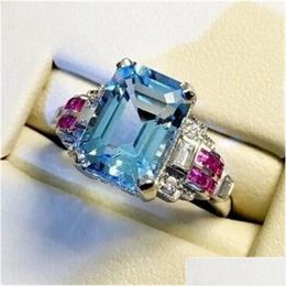 Wedding Rings Size 6-10 Top Sell Luxury Jewelry 925 Sterling Sier Aquamarine Cz Diamond Gemstones Ruby Party Women Engagement Band R Dhw0H