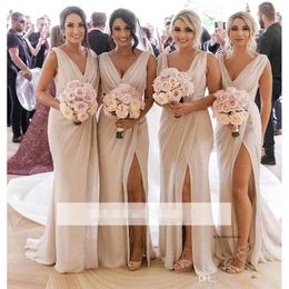 Summer Wedding Chiffon Ivory Bridesmaid Dress Sexig Front Split V Neck Maid of Honor Gown BM0203 2024