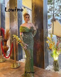 Party Dresses Elegant Green Arabic Evening Beaded Crystals Mermaid Prom Dress Customized Off Shoulder Long With Gloves