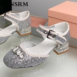 Dress Shoes Crystal Heel Sandals Women Sequin Rhinestones Belt Buckle Genuine Leather Mary Jane Shallow Ballet Runway