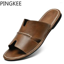 Slippers PINGKEE Men Shoes Grain Leather Upper Sandals Beach Mens Soft Chic Summer Water Safe Flip Flops Men's Sandal Slides Lightweight