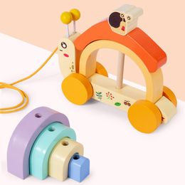 Wooden Snail Tractor Baby Car Toys Building Block Splicing Stacked Toddler Parent-child Interactive Toys
