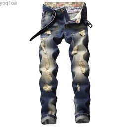 Men's Jeans Mens jeans street clothing torn denim pants trendy Trousers holes breaking casual bikes breaking regular straight pantsL2404