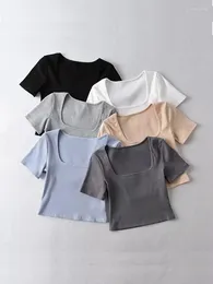 Women's T Shirts 2024 Summer Women Square Neck Rib Crop T-shirt Short Sleeve Female Top