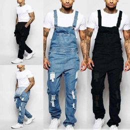 New designer Mens Ripped Denim Overalls Fashion Full Length Suspender Pants Homme Jeans High Street Jumpsuit Distressed Casual Trousers