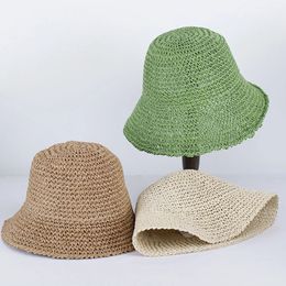 Handmade Solid Colour Weave Straw Bucket Hats For Women Summer Hollow Beach Caps Foldable Outdoor Sun Hat Gorras 2023 240415