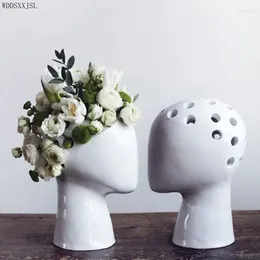 Vases Creative Human Head Abstract Art Ceramic Vase White Glazed Home Living Room Flower Arrangement Ornaments