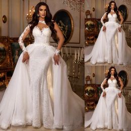 White Mermaid Wedding Dress Illusion Jewel Neck Long Sleeve Lace Appliques Bridal Gowns With Detachable Train Robe De Soiree YD