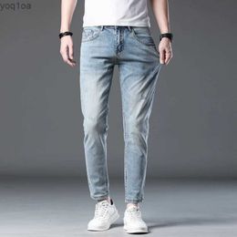 Mens Jeans Ultra thin mens tight fitting jeans with ultrathin elasticity suitable for spring 2024 street clothing ankle pants denim jeans Trousers sky blue denim KS