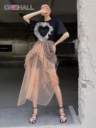 Work Dresses ONEINALL Casual Two Piece Set Women Round Neck Short Sleeve Black T Shirt High Waist Mesh Midi Skirt Loose Suits 2024 Clothing