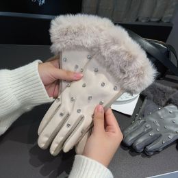 Five finger full touch screen PU leather glove rhinestone faux rabbit fur mouth gloves women's winter plush and thickened gloves