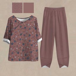 Women's Two Piece Pants Womens Two-Piece Set Middle-aged And Elderly T-Shirt Tops O-Neck Outfits Half Slves Female Outfit Pants Suit with Pockets Y240426