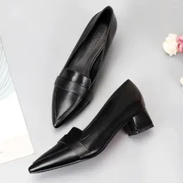 Dress Shoes Fashion Women Elegant Simple Black Pumps Soft Sole Square High Heels Pointed Toe Sewing Slip On Office Work Comfortable