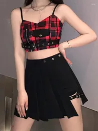 Work Dresses Women Vintage Party Two Piece Set Summer Elegant Red Plaid Zipper Crop Slip Top And Black Irregular Pleated Short Pant Skirt