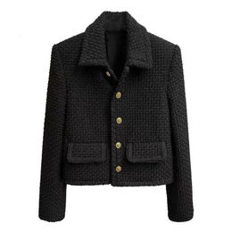 Black Vintage Lapel Cropped Tweed Jackets Korean Trend Single Breasted Wool Blend Coats Elegant Slim Casacos Classics Outerwear 240417
