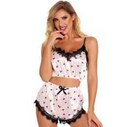 Women's Sleepwear Womens Pyjamas Slipwear Pyjama set Camisole shorts sexy S M L heart-shaped print spoon neck Cami top silk comfortable casual summer Y240426