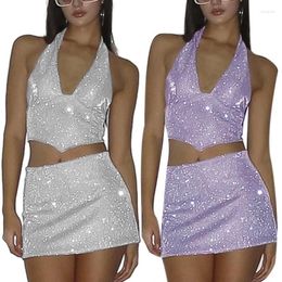 Casual Dresses Halter Backless Vest Skirts Outfits V-Neck Womens Sexy Bodycon Top Set Pearl-lustre Cropped For Summer Dropship