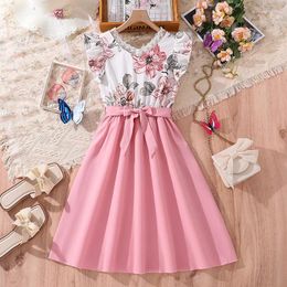 Girl Dresses 2024 Summer Arrival Girls Sleeveless Ruffles Lace Print Floral Pink Roupa Infantil Menina Cute Party Dress Custume 8-12T