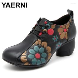 Dress Shoes Woman Winter 2024 5cm Retro Ethnic Print Cow Genuine Leather Plush Fashion Chunky Heel Autunm Zipper Lace Up