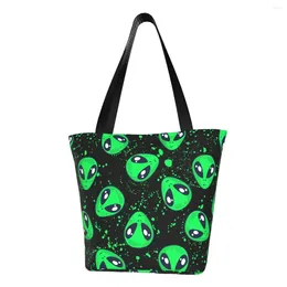 Shopping Bags Kawaii Cute Aliens Head Tote Recycling Cartoon Canvas Grocery Shoulder Shopper Bag