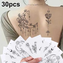 Tattoo Transfer Waterproof Fake Tattoo Stickers for Woman Black Moon and Stars Tattoo Sketch 30Style Set Long Lasting Body Art Temporary Tattoos 240427