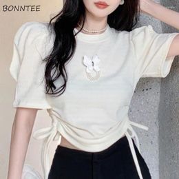Women's T Shirts Puff Sleeve T-shirts For Women Lace-up Shirring Design Chic Students Summer Clothing Sweet Girls All-match Niche Korean
