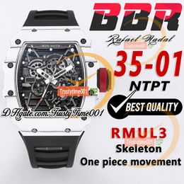 BBR 35-01 RMUL3 Mechanical Hand-winding Mens Watch White NTPT Carbon Fibre Case Skeleton Dial Black Natural Rubber Strap Super Edition Sport Trustytime001 Watches