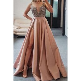 Line Sheer Prom A Mesh Dresses With Satin Detachable Skirt Beaded Sequins Top Split Sweeptrain Formal Party Evening Gowns