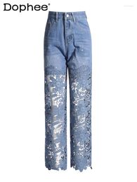 Women's Jeans Fashionable Temperamental All-Match High Waist Straight Pants 2024 Summer Patchwork Lace Commute Style For Women