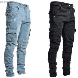 Men's Jeans Mens black cargo pants with multiple pockets denim Pantalones blue ultra-thin fitting jacket Hombre fashion casual street clothing Trousers 3XLL2404