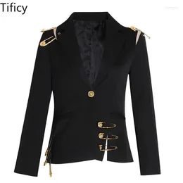 Women's Suits TIFICY Big Pin Embellished Blazer Spring 2024 Fashion Mesh Stitched Long Sleeve Slim Jacket Wholesale