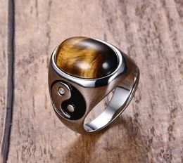 Wedding Rings Engagement Ring Jewellery For Men Vintage Oval Tiger Eye Natural Stones With Yin Yang Symbol Male Accessories1188977