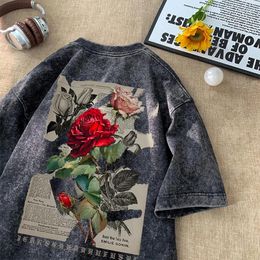 Men's T Shirts Gothic Washed Tshirts Rose Printed Streetwear Men T-shirt O-neck Oversized Korean Short Sleeve Tops Harajuku Casual Male Tee