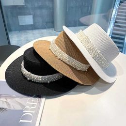 Wide Brim Hats Bucket Hats New Flat Top Straw Hat Pearl Decoration Leisure Summer Sunscreen Hat Womens Fashion Beach Rowing Hat Gift J240506