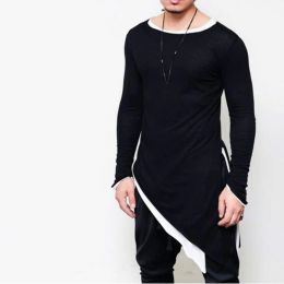 T-Shirts New Fashion Asymmetrical Men Long T Shirt Side Split Long Sleeve Tshirt Hip Hip Tops Tee Vintage Streetwear Gothic Tops