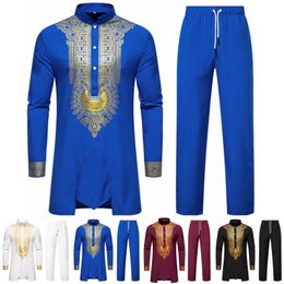 Luxury African Two-Piece Set Islamic Arabic Abaya Robe Ethnic Print Stand Collar Youth Mid-length Coat Muslim Men Clothing 240415