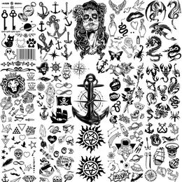 Tattoo Transfer 15 Sheets Anchor Skull Temporary Tattoos For Adults Kids Hands Finger Fake Tattoo Sticker Black Dragon Lion Geometric Tatoos 240426