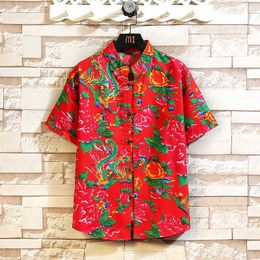 Men's Casual Shirts Fine Fashion Northeast Big Flower Chinese Style Mens American Retro Shirt Loose Casual Short-sleeved Printed Mens Lapel Shirt 240424