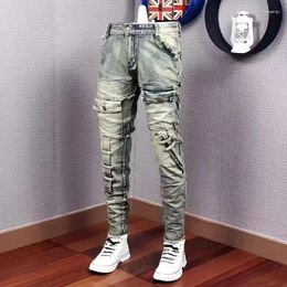 Men's Jeans Male European American Trend Torn Sticking Cloth Stretch Small Straight Leg Fashion Denim Pants Original Design 2024