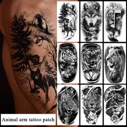 9JNV Tattoo Transfer Large Arm Sleeve Tattoo Lion Tiger Black Waterproof Temporary Tatoo Sticker Wild Wolf Tiger Men Full Skull Totem Fake Tattoos 240427