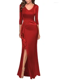 Casual Dresses 2024 Summer For Women Solid V-neck Split Women's Ruffle Dress Vestidos De Mujer Elegant Maxi Robe Female