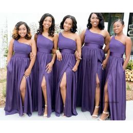 Afrikanska en linje lila brudtärna klänningar en axel sexig hög sida delad bröllop fest klänning chiffong piga av hedersklänningar anpassade 2024