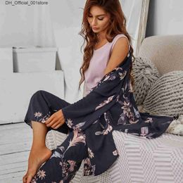 Sexy Set Hot selling 3-piece womens pajama set with adhesive floral print pajamas loose fitting for spring and summer casual wear Q240426