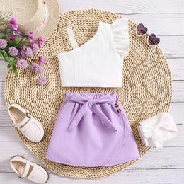 Clothing Sets FOCUSNORM 2pcs Fashion Kids Girls Summer Clothes 4-7Y Ruffles Sleeve One Shoulder Tops Belt A-Line Skirts