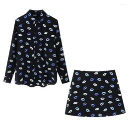 Women's T Shirts Print Two Piece Pajama Set Long Sleeve Button Down Jacket Drawstring Skirt Loungewear Sleepwear Beach Outfits