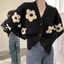 Women's Knits Womens V-neck White Flower Pattern Black Knitted Cardigan Sweater